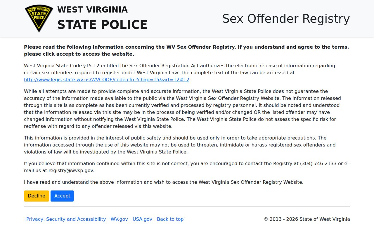 Pleasants County sex offender check on the official WVSP registry