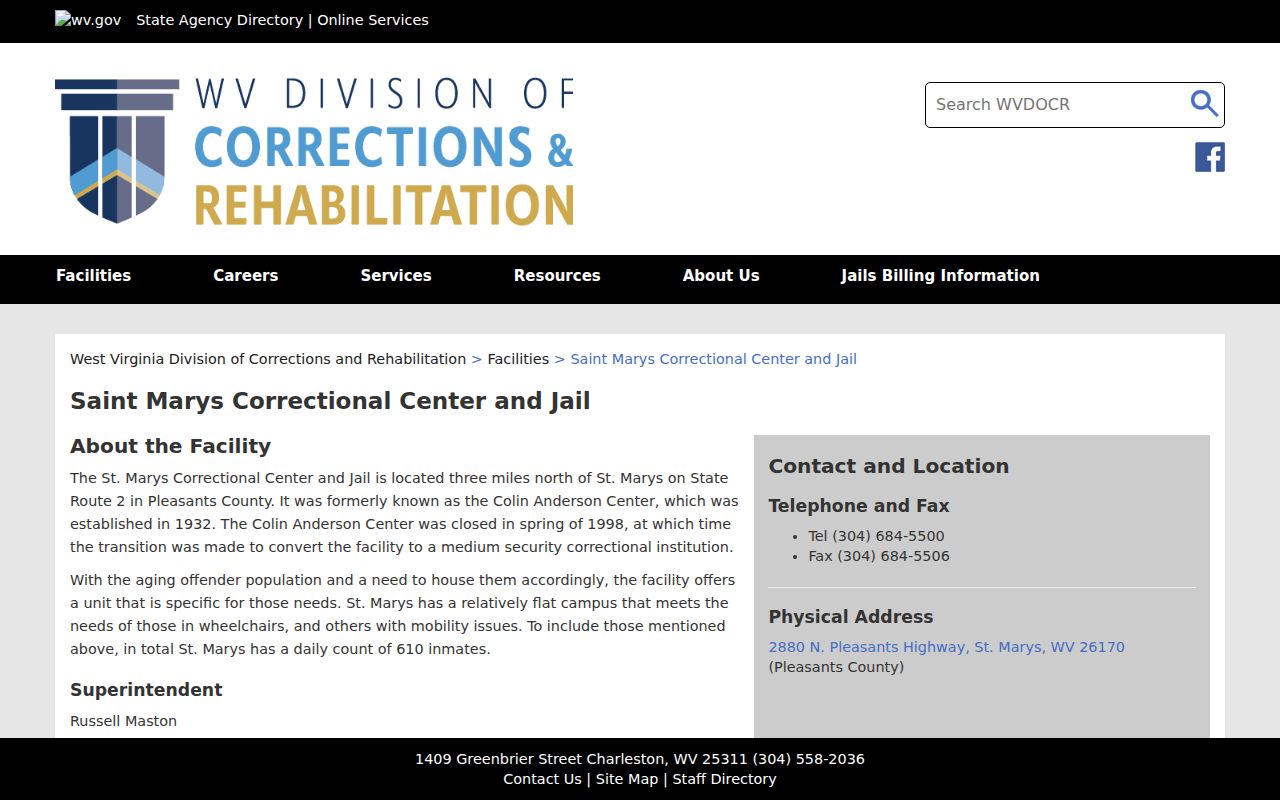 Pleasants County criminal records at Saint Marys Correctional Center